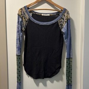 Free People Black Top with Blue and Green Patterned Sleeves